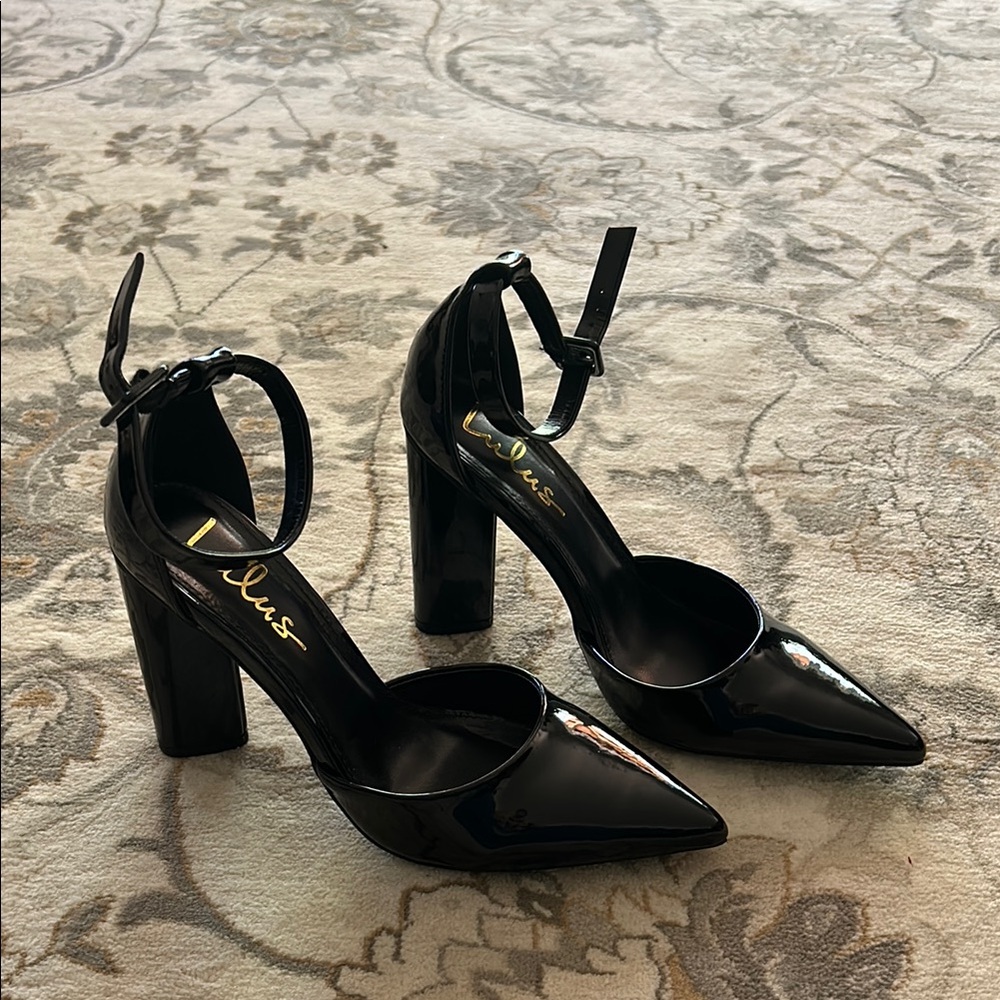 Lulu's Black Glossy Ankle Strap Heels